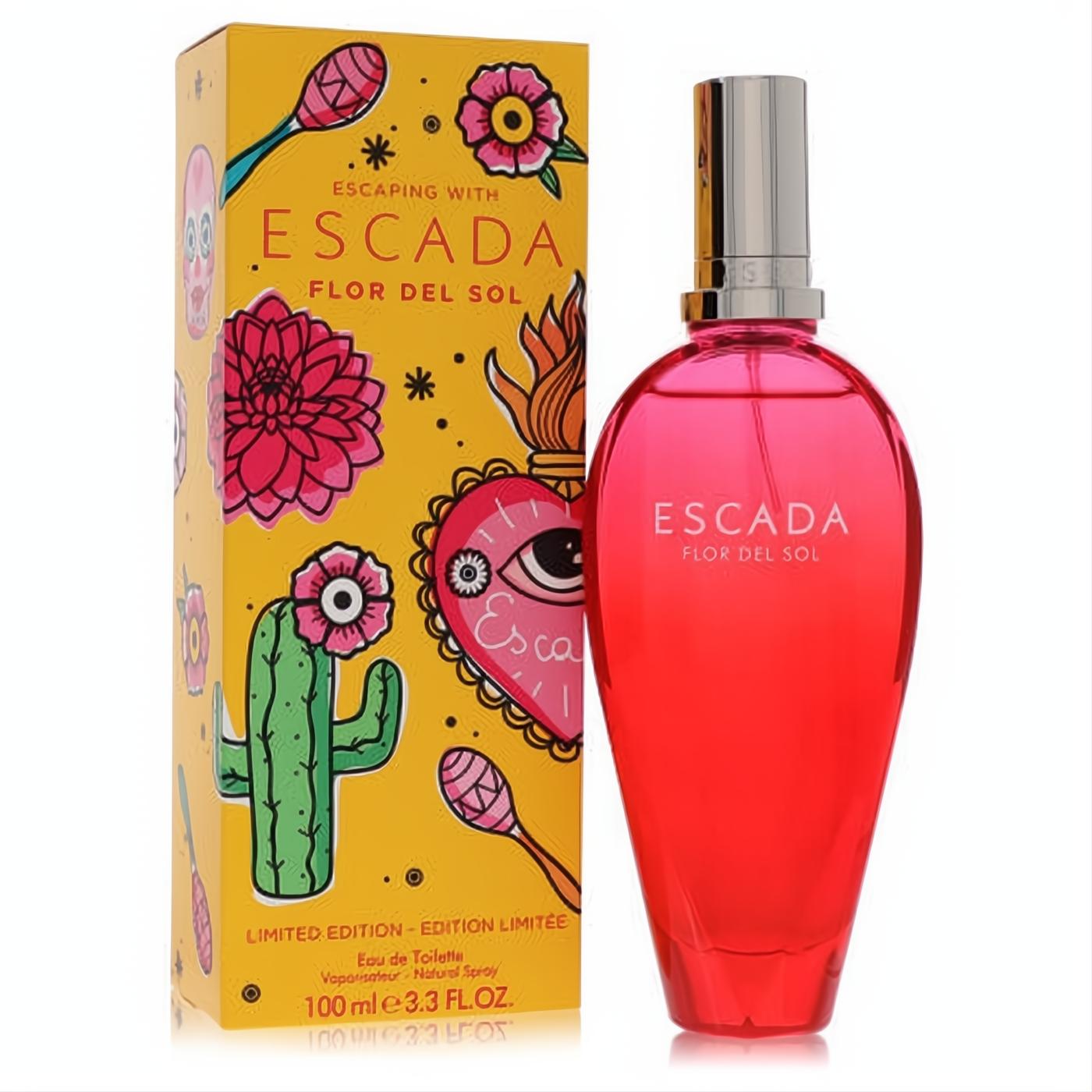 Escada Flor Del Sol 3.3 oz limited edition women's perfume. Bright red bottle, yellow box with vibrant tropical illustrations.
