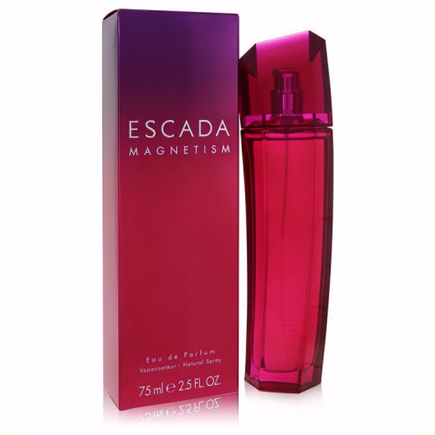 Escada Magnetism 2.5 oz Eau De Parfum. Vibrant fuchsia bottle with a faceted cap and matching gradient box.