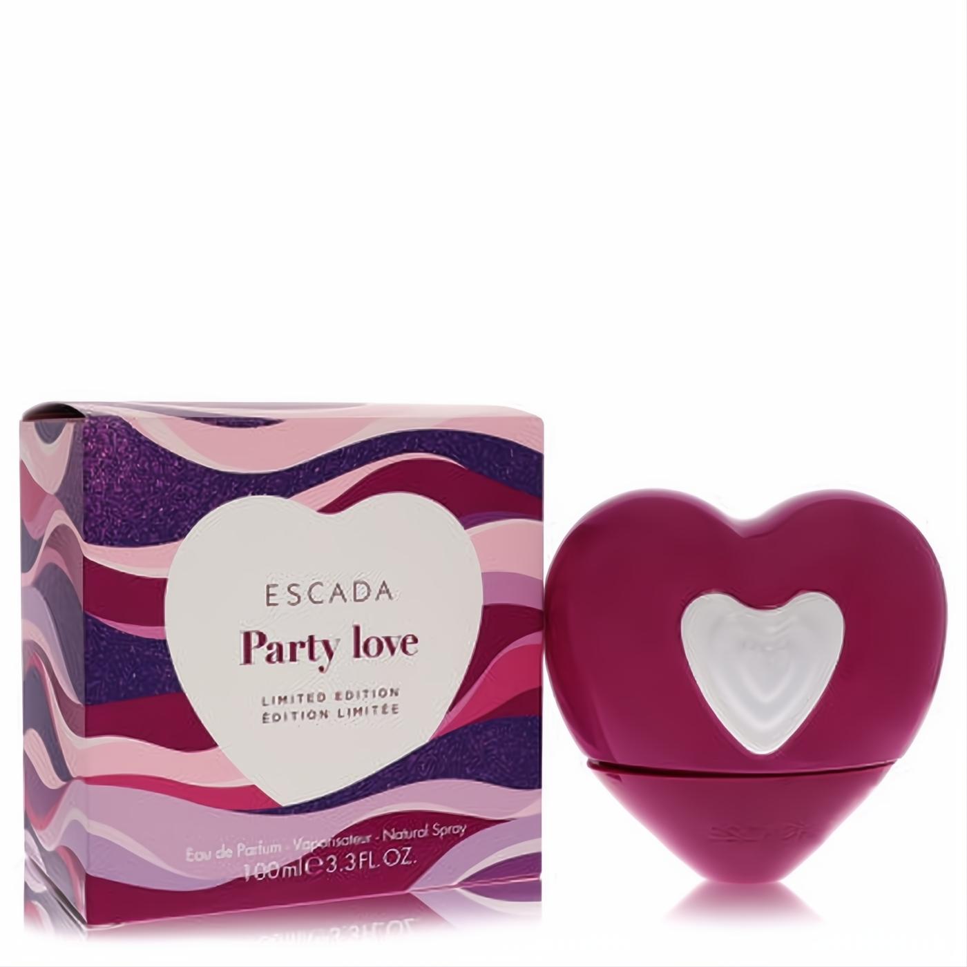 Escada Party Love 3.3 oz EDP. Dazzling fuchsia heart-shaped bottle with white accent, beside its vibrant wavy limited edition box.