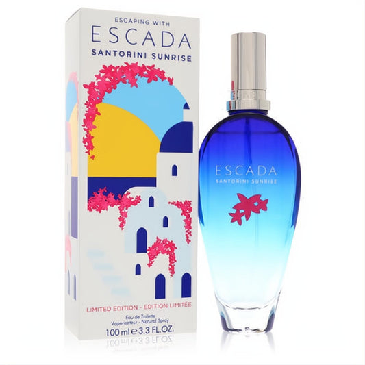 Escada Santorini Sunrise 3.3 oz EDT spray. Elegant blue ombre bottle with pink flowers, paired with a vibrant limited edition box.