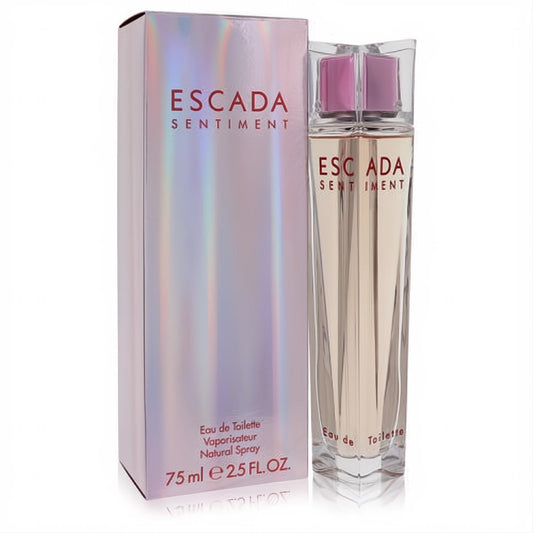 Elegant Escada Sentiment 2.5 oz EDT spray. Sleek glass bottle with amber liquid, paired with its shimmering iridescent pink box.