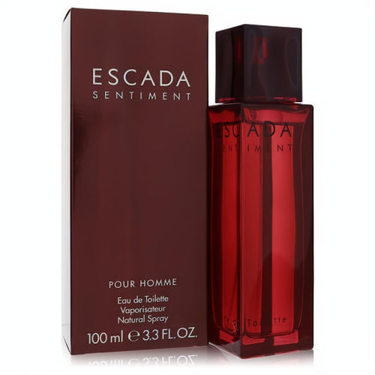 Sophisticated Escada Sentiment men's 3.4 oz Eau de Toilette. Features a sleek, deep red glass bottle and matching box.