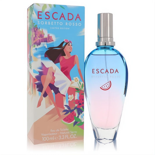 Escada Sorbetto Rosso 3.3 oz women's EDT. Captivating blue-pink gradient bottle with watermelon icon, vibrant beach scene box.
