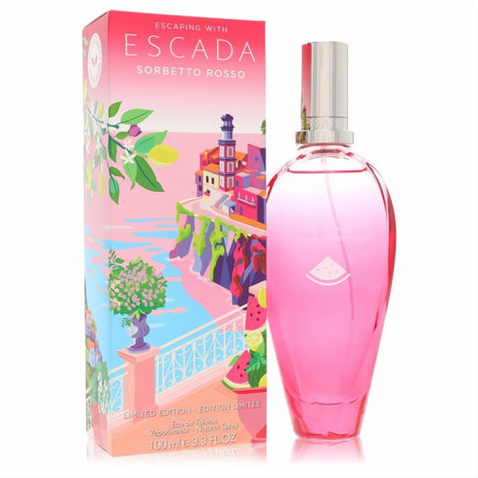 Limited edition Escada Sorbetto Rosso 3.3 oz EDT: vibrant pink bottle, silver cap, and colorful coastal-themed box.
