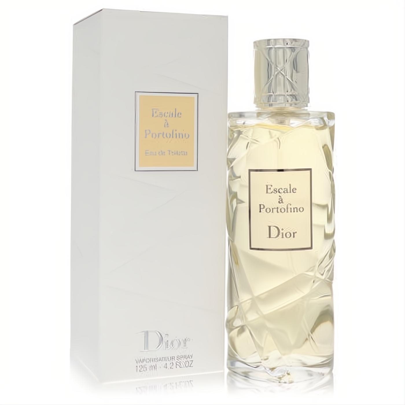 Dior Escale a Portofino 4.2 oz women's EDT spray in a luxurious clear faceted bottle with silver cap, beside its elegant white box.
