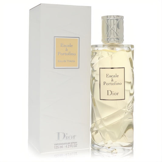 Dior Escale a Portofino 4.2 oz women's EDT spray in a luxurious clear faceted bottle with silver cap, beside its elegant white box.