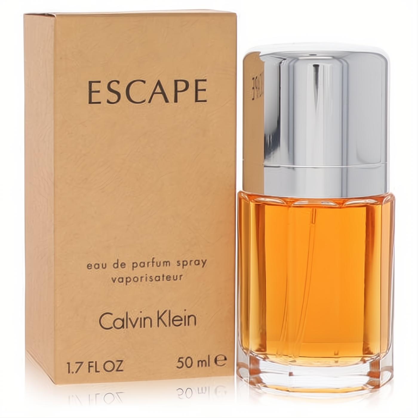 Calvin Klein Escape 1.7 oz Eau De Parfum. Amber fragrance in a sleek glass bottle, silver cap, and elegant tan packaging.
