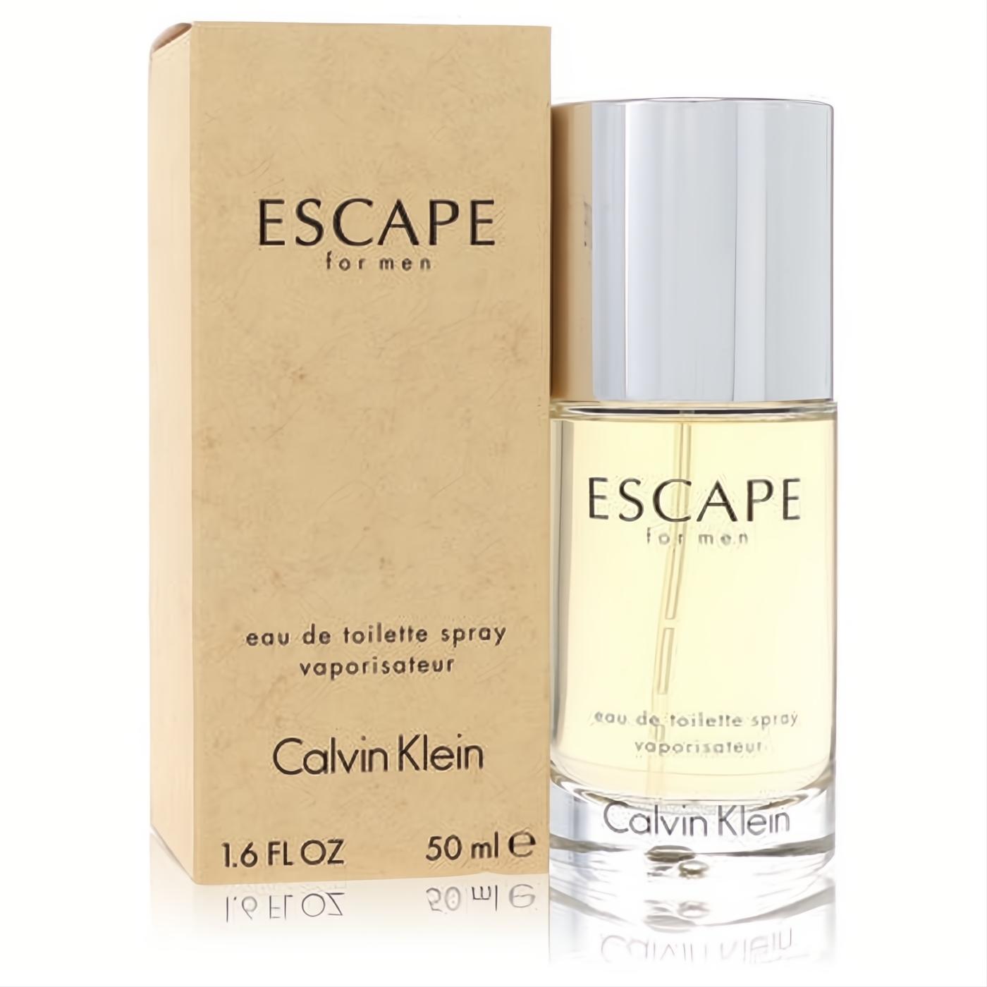 Unleash your allure with Calvin Klein Escape for Men 1.6 oz EDT. Elegant clear bottle, silver cap, and iconic beige packaging.