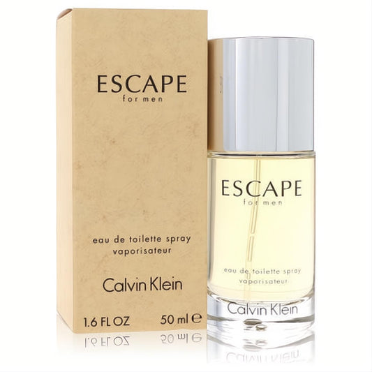 Unleash your allure with Calvin Klein Escape for Men 1.6 oz EDT. Elegant clear bottle, silver cap, and iconic beige packaging.