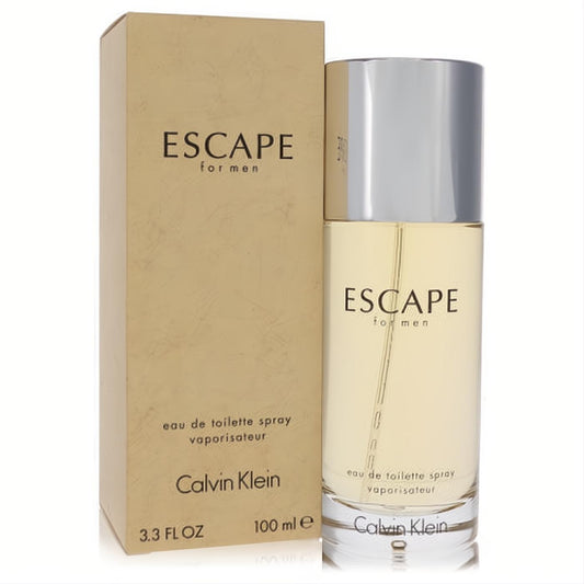 Escape for Men Calvin Klein EDT 3.3 oz spray. Sophisticated clear glass bottle with silver cap and classic beige packaging.