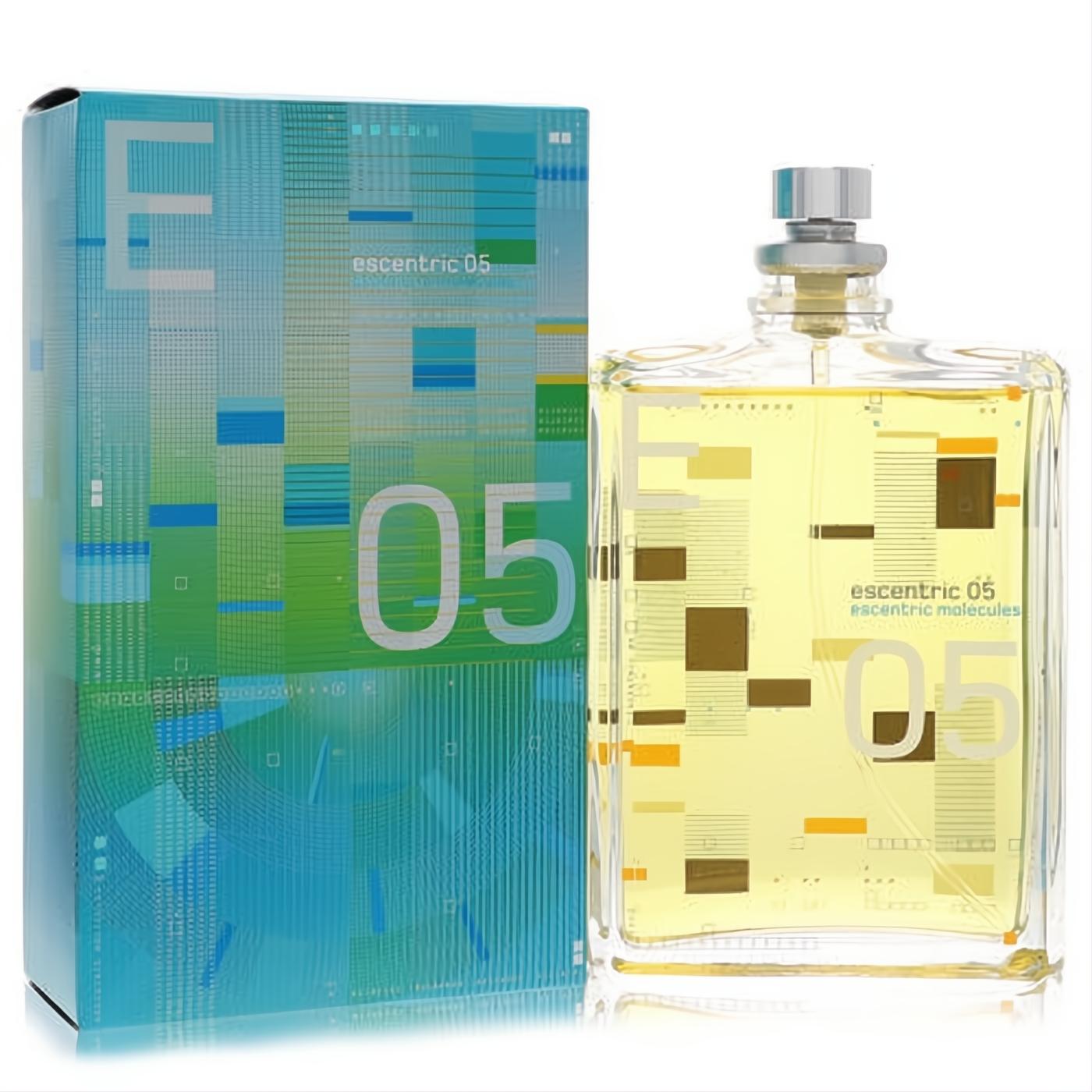 Discover Escentric 05 men's EDT spray: sleek glass bottle with golden liquid and unique geometric design, beside its vibrant blue-green box.