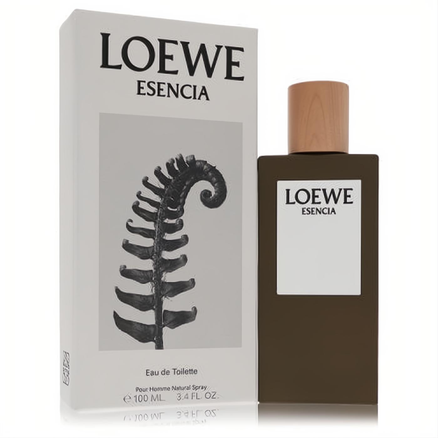 Loewe Esencia 3.4 oz EDT for men. Distinctive bronze bottle, natural wood cap, and white box with a striking fern design.