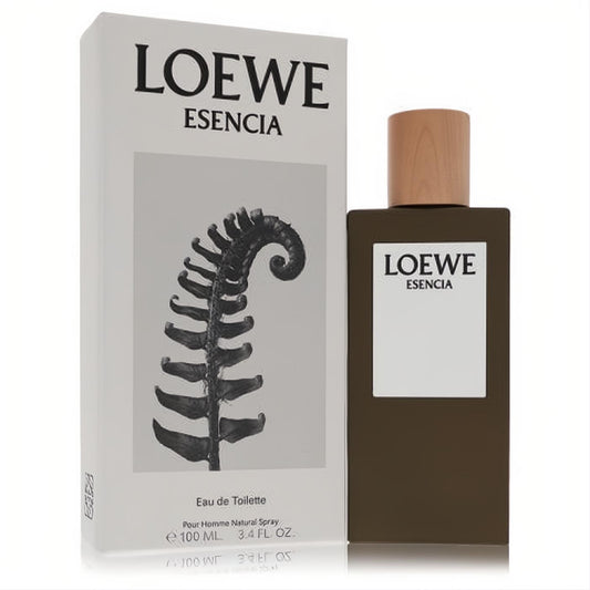 Loewe Esencia 3.4 oz EDT for men. Distinctive bronze bottle, natural wood cap, and white box with a striking fern design.