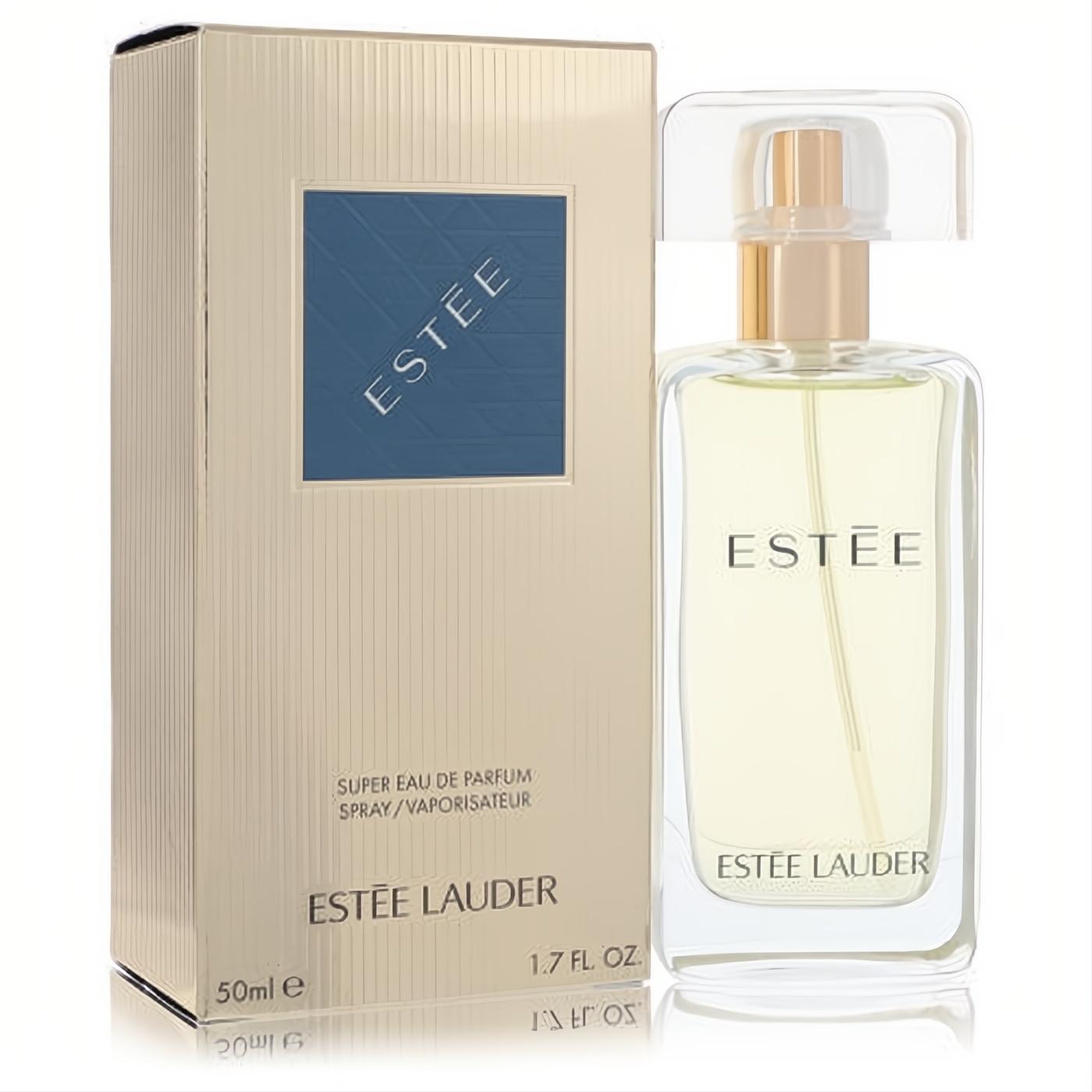 Luxurious Estee Lauder Estee 1.7 oz Eau De Parfum in a clear glass bottle with gold cap, next to its elegant gold and blue box.