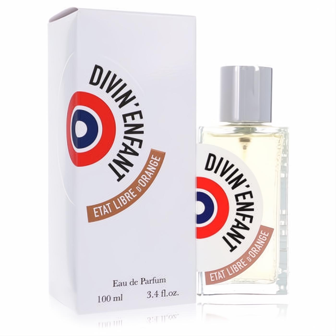 Elegant Divin Enfant 3.4 oz Eau de Parfum spray. Clear glass bottle with silver cap and white box, featuring a bold red, white, and blue logo.