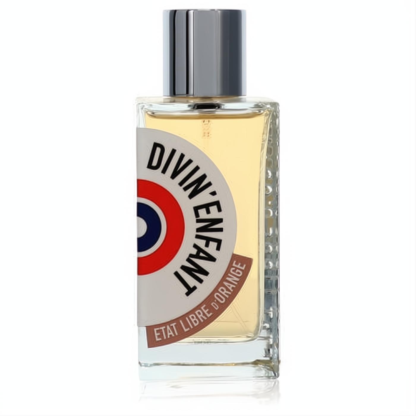 Elegant Divin Enfant 3.4 oz EDP tester. Clear glass bottle with radiant golden liquid, sleek silver cap, and iconic target label.