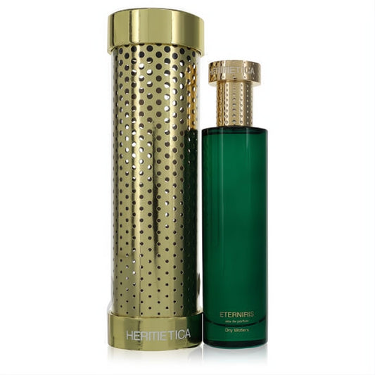 Eterniris by Hermetica eau de parfum. Sleek emerald green bottle with a ribbed gold cap and perforated gold cylindrical box.