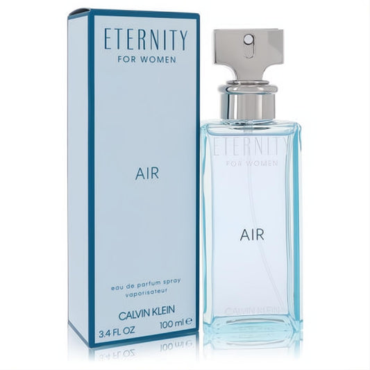 Discover Eternity Air Calvin Klein 3.4 oz women's EDP spray. Clear light blue glass bottle with sleek silver cap and matching box.