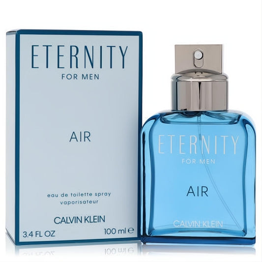 Calvin Klein Eternity Air for Men 3.4 oz EDT spray. Invigorating blue glass bottle with silver cap, presented with its crisp white box.