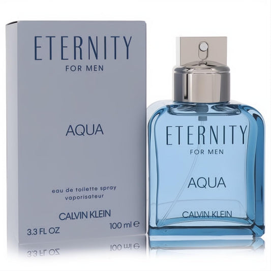 Calvin Klein Eternity Aqua for Men 3.4 oz EDT. Vibrant blue glass bottle, polished silver cap, displayed with its elegant box.