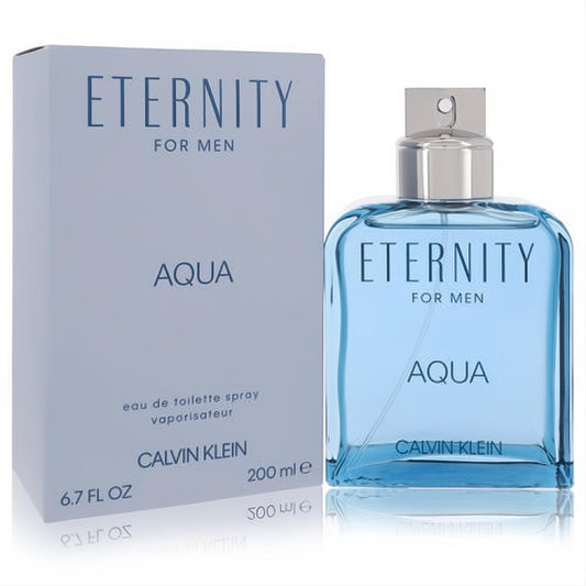 Calvin Klein Eternity Aqua for Men 6.7 oz EDT. Refreshing blue glass spray bottle with silver cap, beside its sleek light blue box.