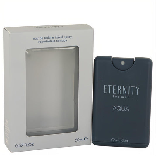 Discover Calvin Klein Eternity Aqua for Men .67 oz mini EDT spray. Sleek dark blue travel bottle for adventure.