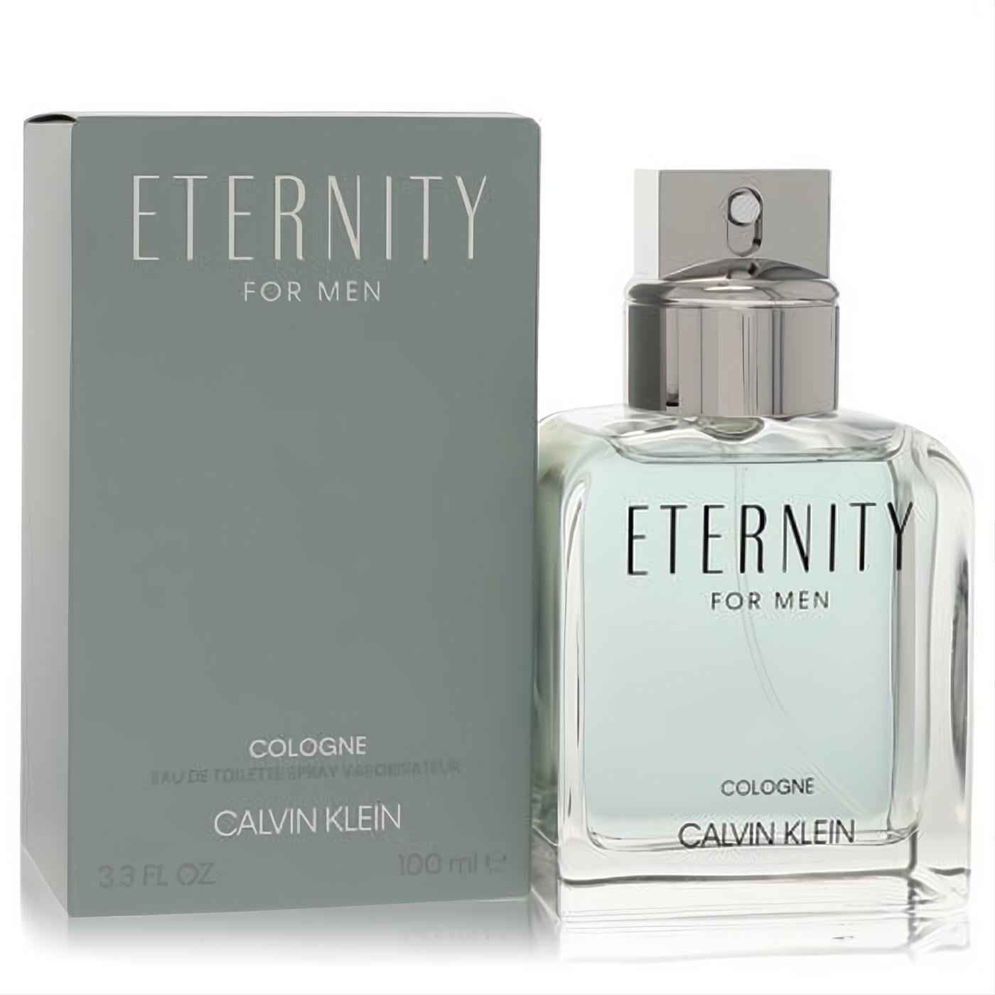 Elevate your style with Calvin Klein Eternity For Men 3.3 oz cologne. Clear glass bottle, sleek silver cap, and elegant sage green box.