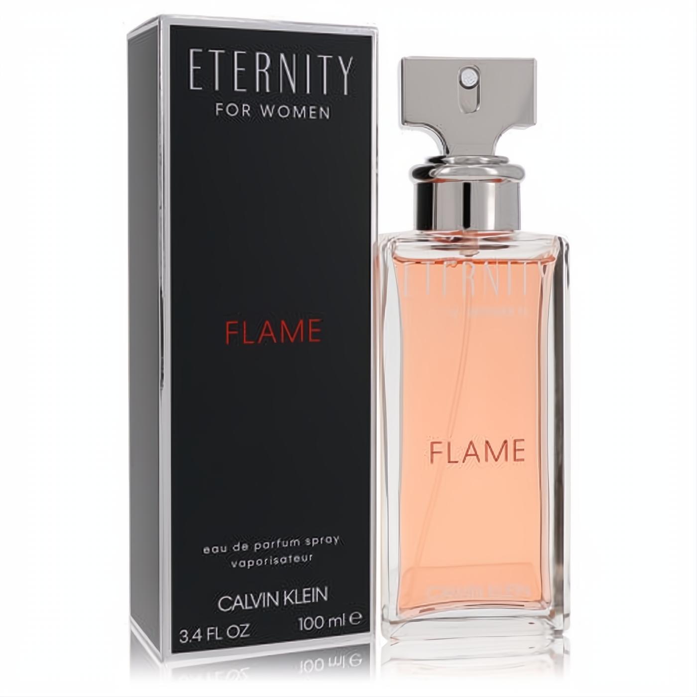 Calvin Klein Eternity Flame 3.4 oz women's EDP. Clear glass bottle with warm peach liquid, silver cap, and elegant black box.