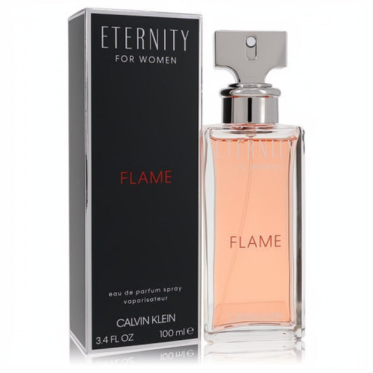 Calvin Klein Eternity Flame 3.4 oz women's EDP. Clear glass bottle with warm peach liquid, silver cap, and elegant black box.