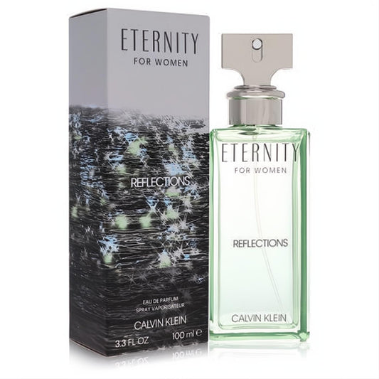 Calvin Klein Eternity Reflections 3.3 oz EDP for women. Clear bottle with refreshing green fragrance, sleek silver cap, and reflective box.