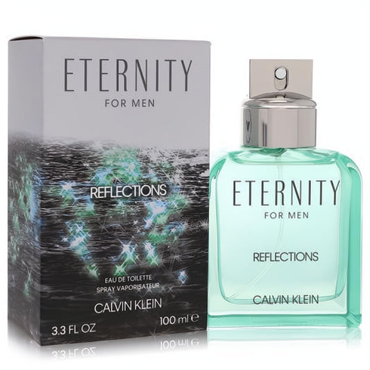 Calvin Klein Eternity Reflections for Men 100ml EDT. Captivating teal glass bottle with a sleek silver cap, next to its shimmering dark box.