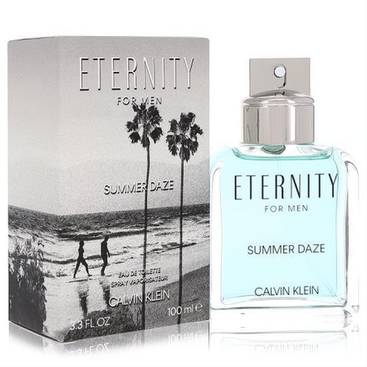 Calvin Klein Eternity Summer Daze 3.3 oz men's EDT. Clear bottle with refreshing blue liquid, silver cap, and a beach-themed box.