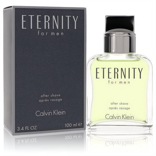 Calvin Klein Eternity for Men After Shave 3.4 oz. Sleek glass bottle with refreshing light green liquid and elegant dark gray packaging.