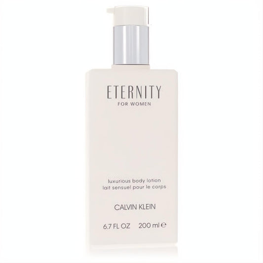 Indulge with Eternity by Calvin Klein 6.7 oz luxurious body lotion. Sleek white pump bottle for women.