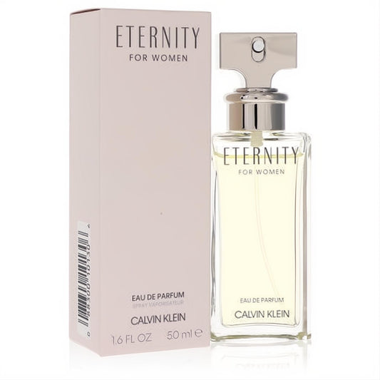 Elegant Calvin Klein Eternity for Women Eau De Parfum 50ml spray. Features a clear glass bottle with a sleek silver cap, beside its iconic light pink box.