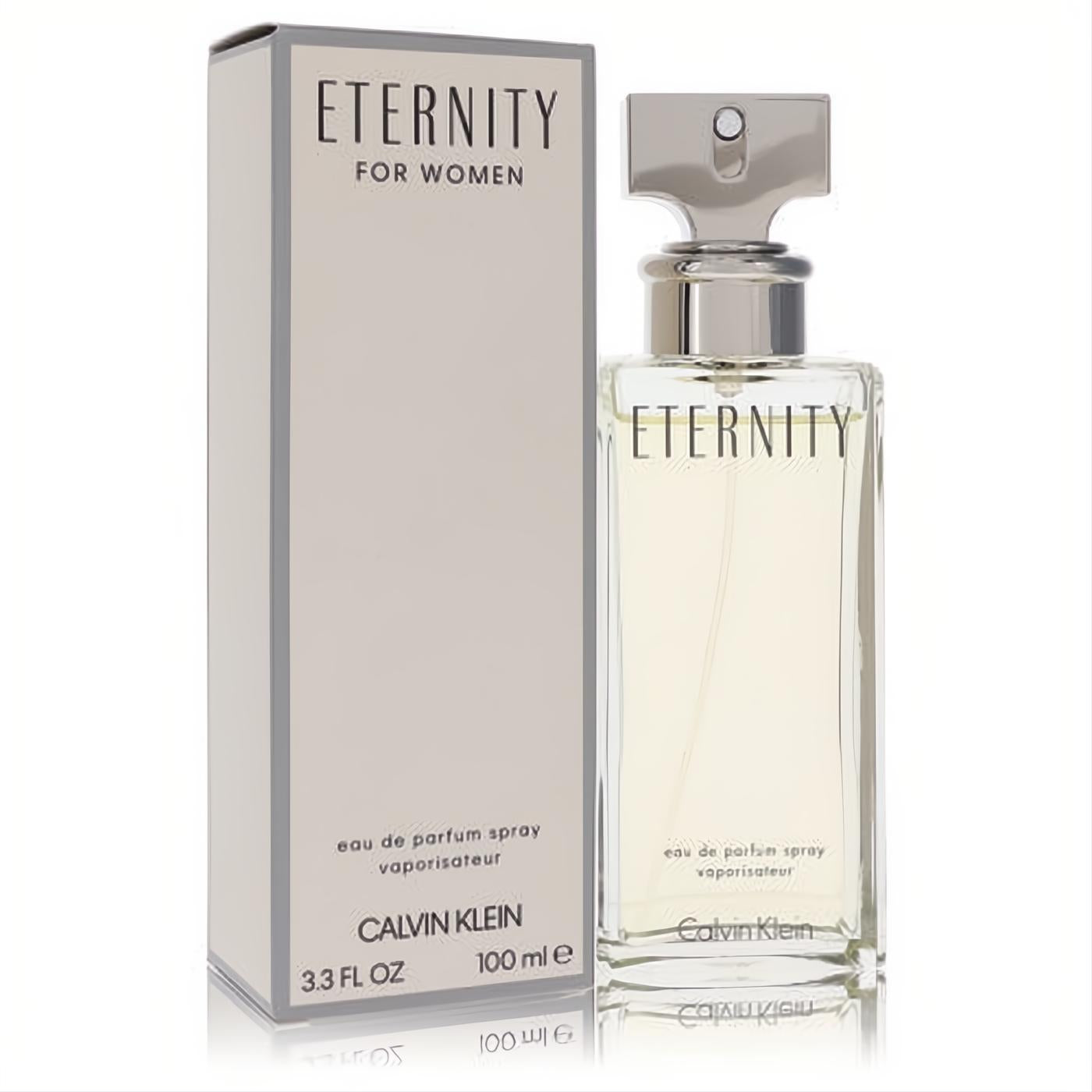 Eternity by Calvin Klein 3.3 oz Eau de Parfum spray. Clear glass bottle, sleek silver cap, and elegant beige box.
