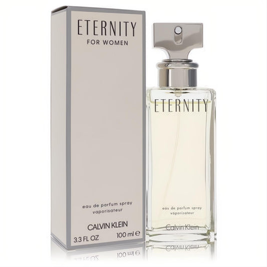 Eternity by Calvin Klein 3.3 oz Eau de Parfum spray. Clear glass bottle, sleek silver cap, and elegant beige box.