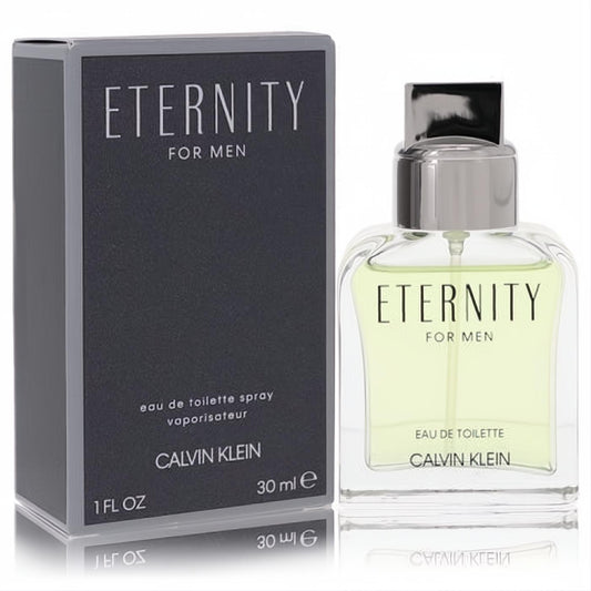Calvin Klein Eternity for Men 1 oz EDT. Iconic clear glass bottle with light green liquid, sleek silver cap, and dark gray box.
