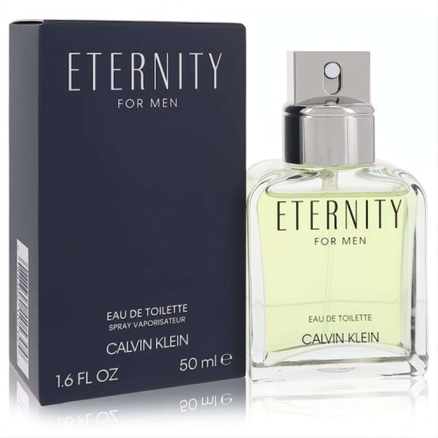 Sophisticated Calvin Klein Eternity for Men Eau De Toilette, 1.6 oz clear glass bottle with light green liquid and sleek silver cap, next to its dark blue box.