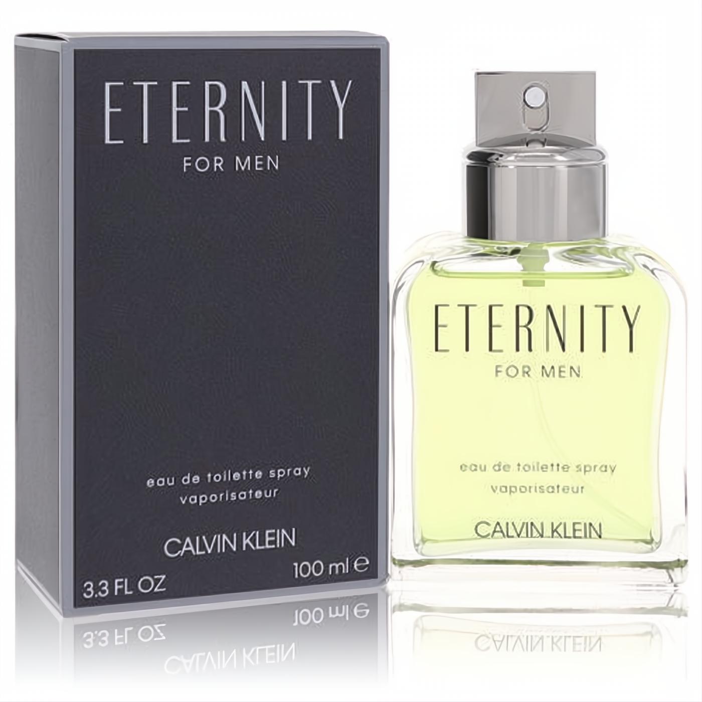 Calvin Klein Eternity for Men 100ml EDT. Clear glass bottle with light green fragrance and sleek dark grey box.