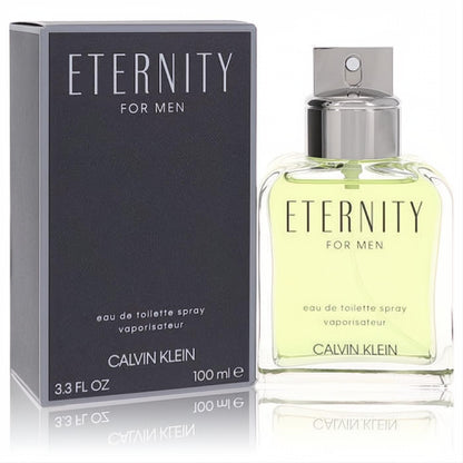 Calvin Klein Eternity for Men 100ml EDT. Clear glass bottle with light green fragrance and sleek dark grey box.