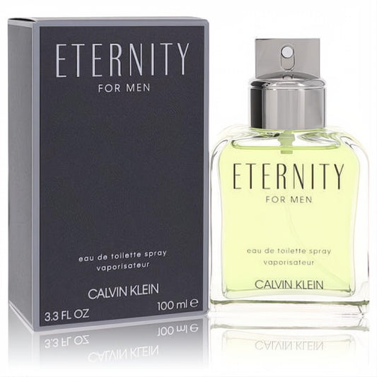 Calvin Klein Eternity for Men 100ml EDT. Clear glass bottle with light green fragrance and sleek dark grey box.