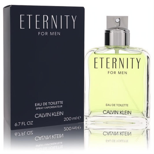 Sophisticated Calvin Klein Eternity for Men 6.7 oz EDT. Clear bottle with vibrant green fragrance next to its elegant dark navy box.