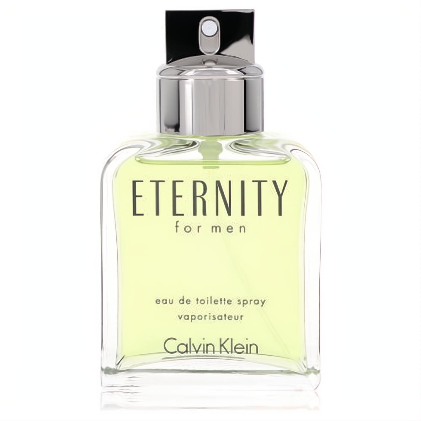 Eternity by Calvin Klein for Men 3.4 oz EDT tester. Clear glass bottle, vibrant green fragrance, sleek silver top.