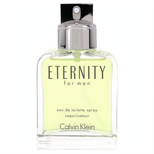 Eternity by Calvin Klein for Men 3.4 oz EDT tester. Clear glass bottle, vibrant green fragrance, sleek silver top.
