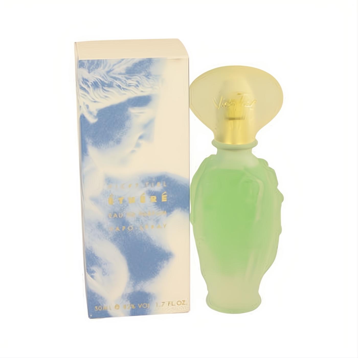 Vicky Tiel Ethere 1.7 oz EDP. Vibrant frosted green bottle with embossed design, gold neck, and yellow fan cap. Blue classical box.