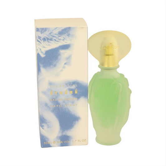 Vicky Tiel Ethere 1.7 oz EDP. Vibrant frosted green bottle with embossed design, gold neck, and yellow fan cap. Blue classical box.