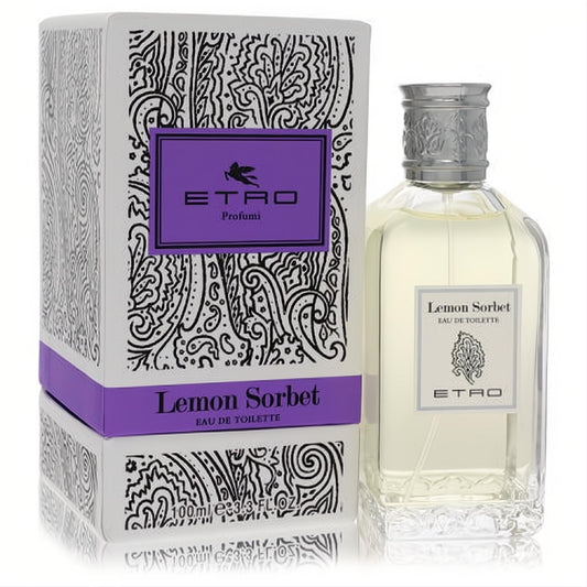 Etro Lemon Sorbet 3.4 oz unisex EDT in a clear bottle with light yellow liquid & silver cap, beside its white & purple paisley box.