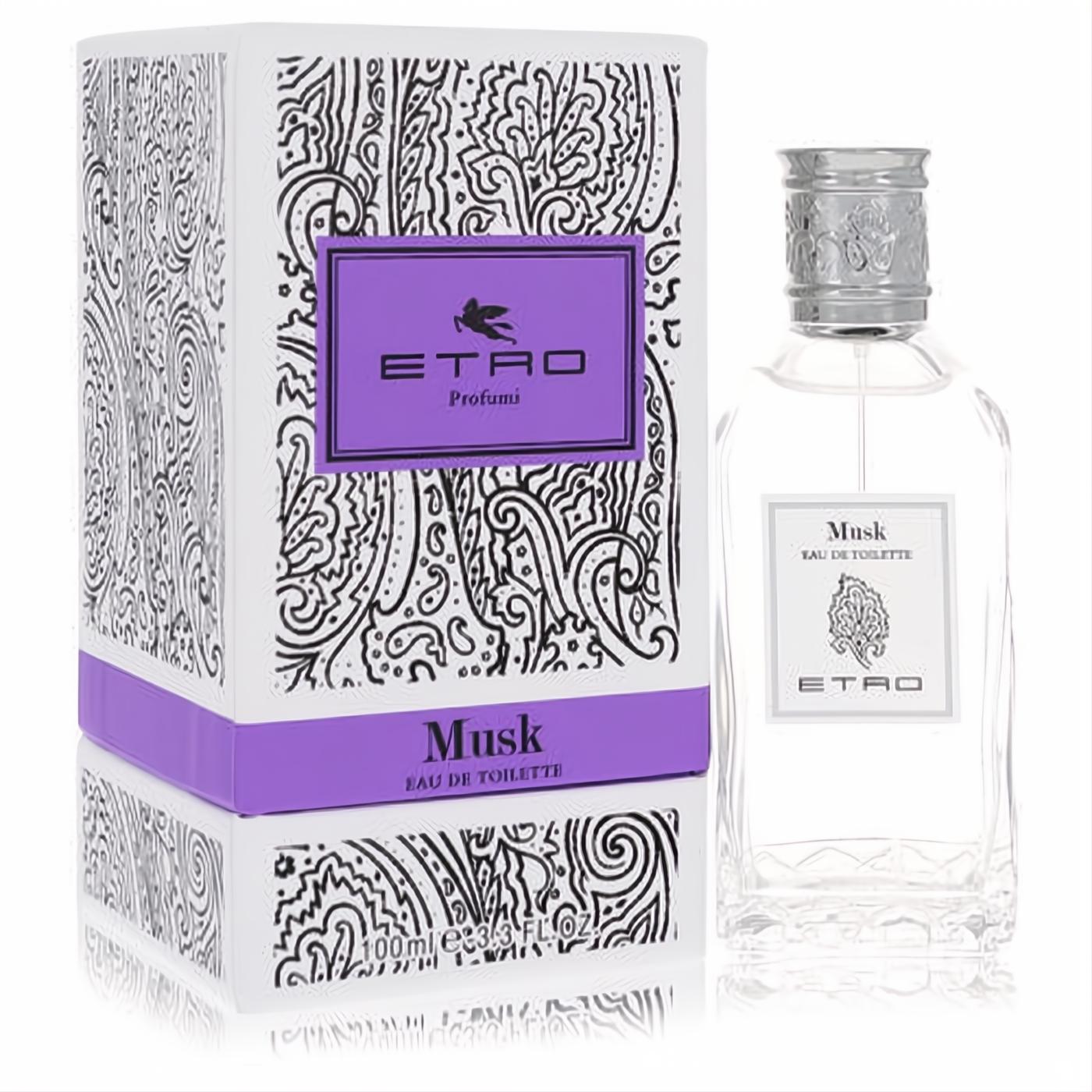 Elegant Etro Musk 3.4 oz EDT spray in a clear bottle with ornate silver cap, beside its white and purple paisley box.