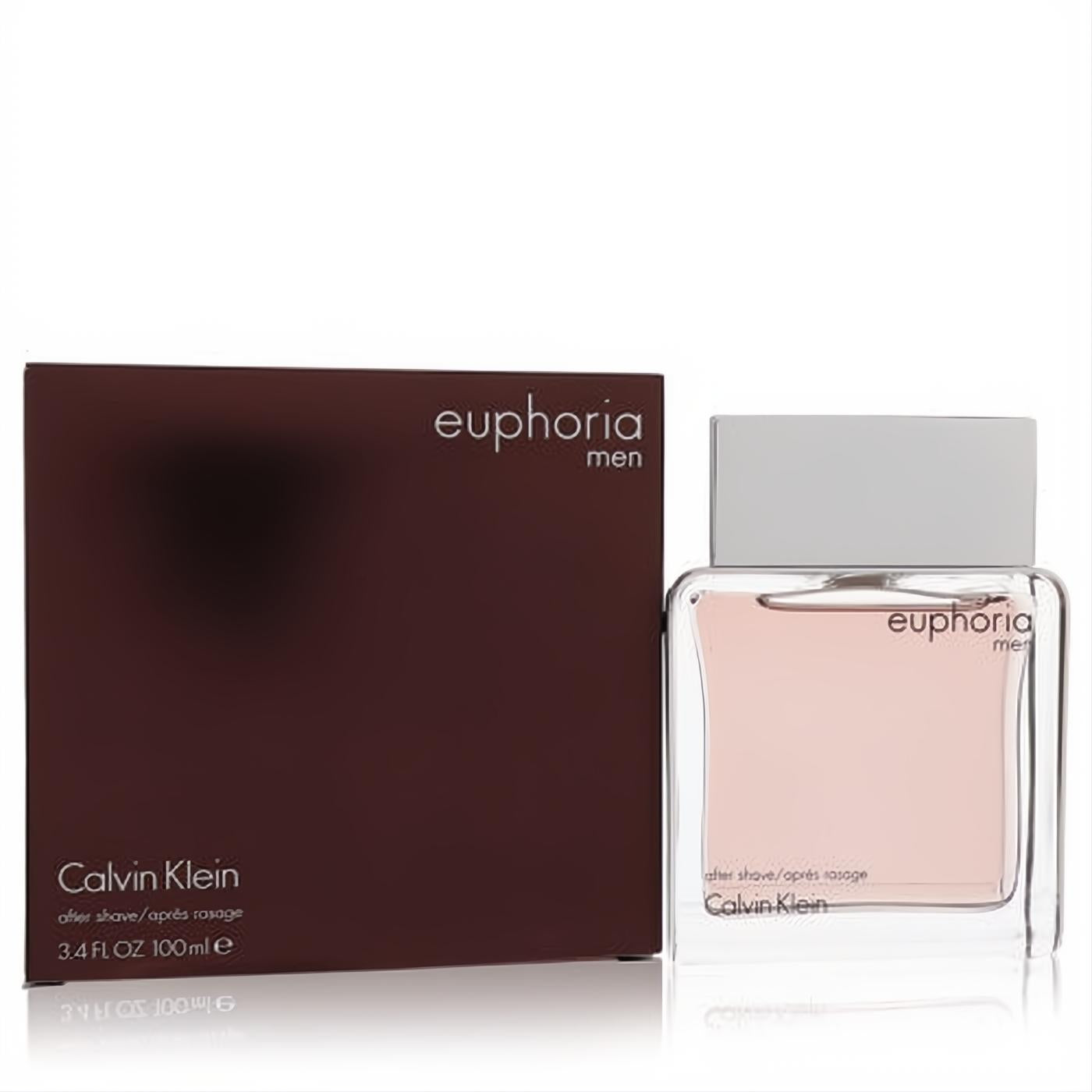 Calvin Klein Euphoria Men After Shave 3.4 oz. Sleek glass bottle with pink liquid, silver cap, and elegant dark brown box.